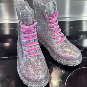 Western Chief Sparkly Silver Boots with Pink Laces size 11